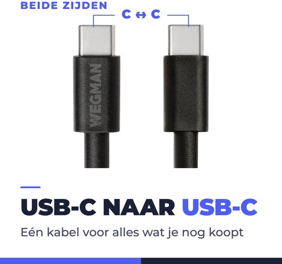 Zwarte USB-C naar USB-C kabel met twee aansluitingen.