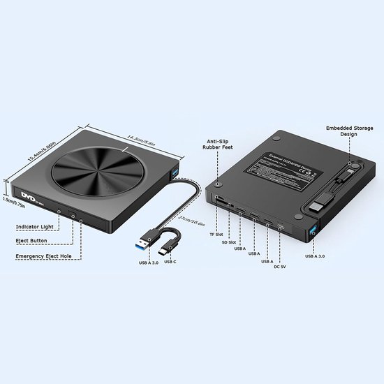 Externe CD DVD Writer - Optische Drive - Bestanden Overzetten - Met 4 USB Hubs - USB 3.0 Type C — afbeelding 2