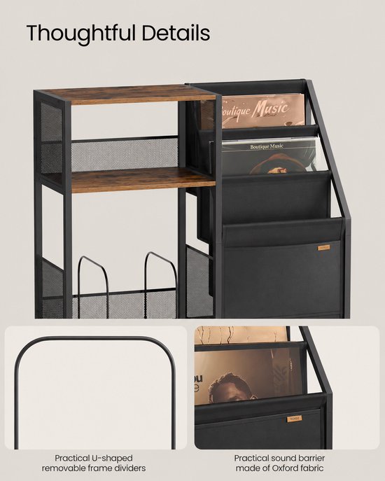 Loushops - Bijzettafel - Platenspeler meubel - Platenspeler kast - Vinyl kast - 3 Verdiepingen - 30 x 81 x 69 cm - Hout - Staal — afbeelding 3