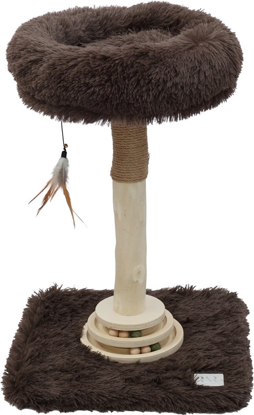 Studio RAR krabpaal met donkerbruine pluche mand, sisal krabpaal, speelveer en houten balletjesvoet tegen witte achtergrond.
