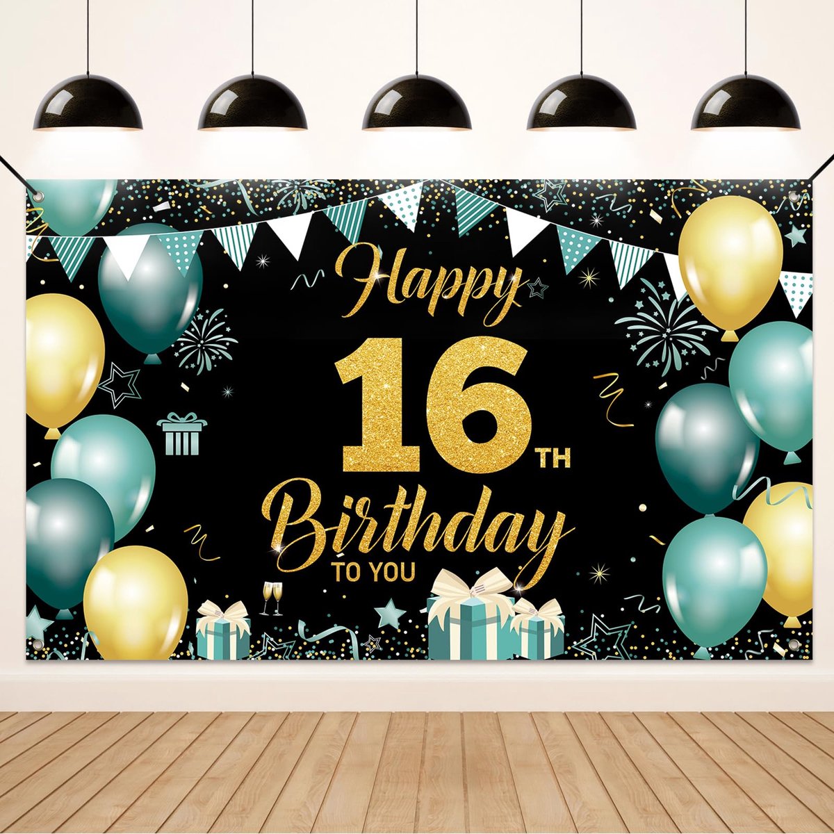 Verjaardag Banner 16e - Groen Goud - Stoffen Decoratie - Voor Binnen en Buiten - SnelShoppen