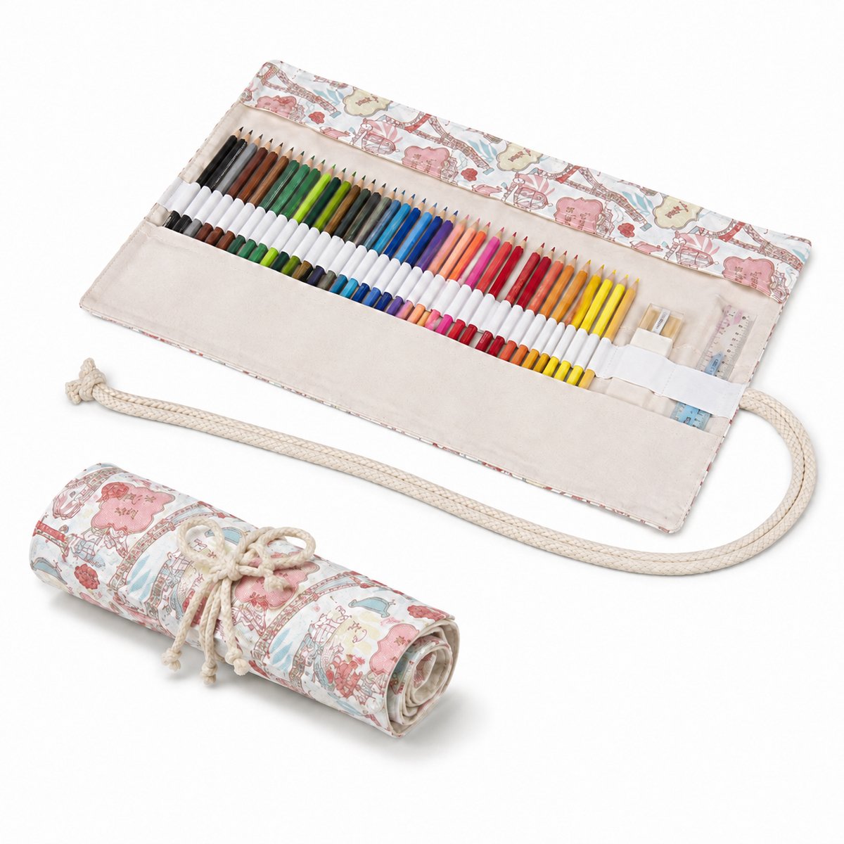 Oprolbare Canvas Etui voor 72 Kleurpotloden - 82x20 cm Grote Potloden Organizer - Met 2 Extra Zijvakken voor Gum & Puntenslijper - Duurzaam Stoffen Pennenzakje voor Kunstenaars, School & Reizen - Toren Print