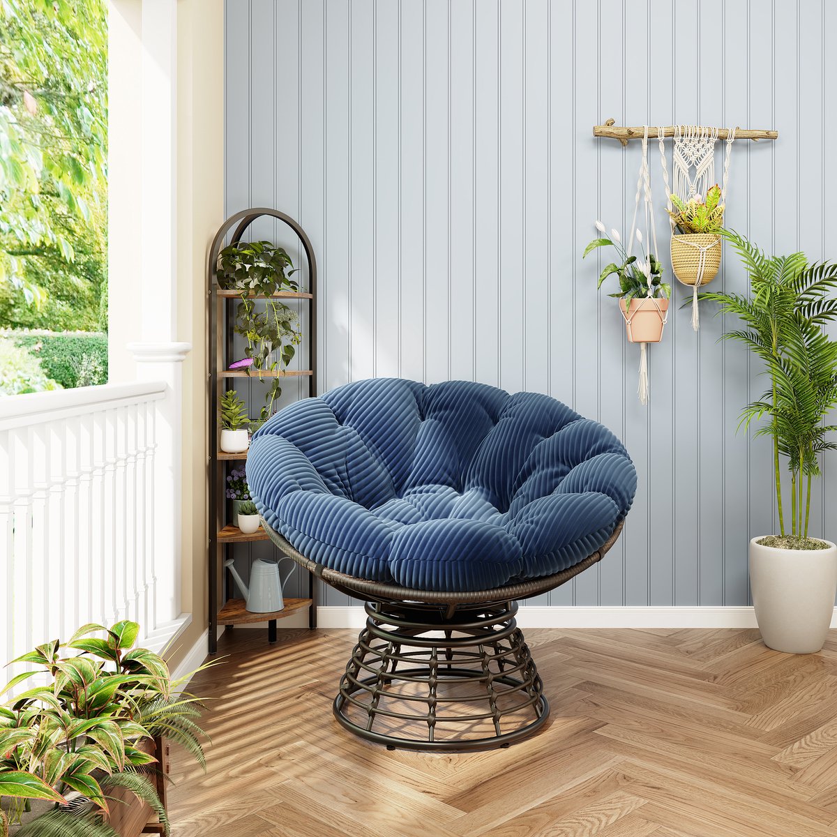 DESMIU Papasan Stoel 92 Cm Draaibaar Ergonomisch Met Dik Kussen Voor Woonkamer Slaapkamer En Leeshoek Rotan Metaal Navy Blauw Marineblauw
