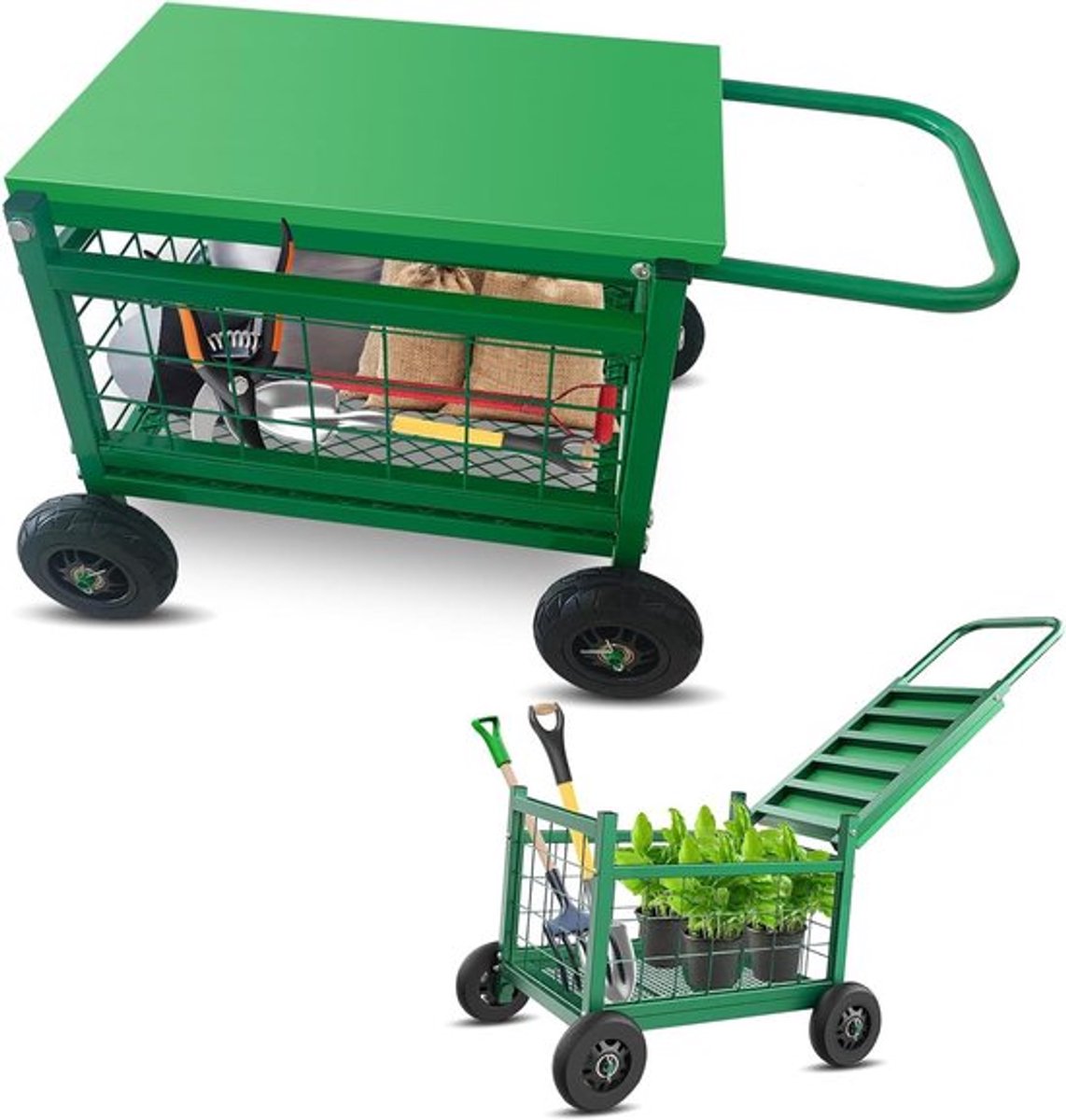 Tuinzitje met wielen en opbergmand, comfortabel tuinkrukje voor ouderen