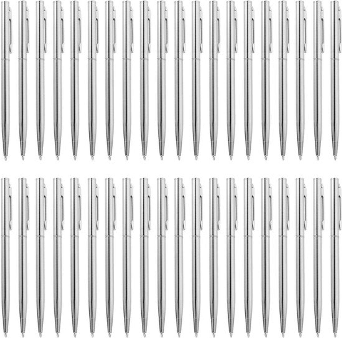 Haal het merk uit de titel en optimaliseer deze: 100 Stuks Zwarte Balpennen met Inkt, Herbruikbare Metalen Pennen voor Kantoor, Bruiloften en Schrijven in Zilver