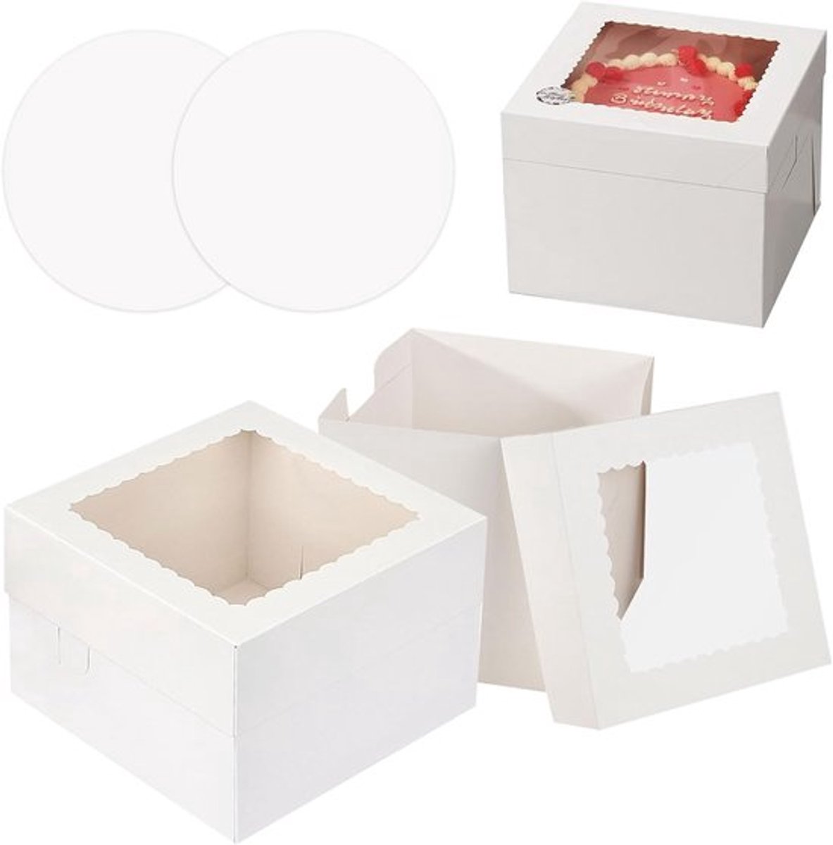 2 stuks taartdozen - 25,4 x 25,4 x 20,3 cm - kartonnen taartdoos met raam - witte taartdoos - hoge taartdoos voor taarten - cupcakes - donuts - gebak - nagerechten