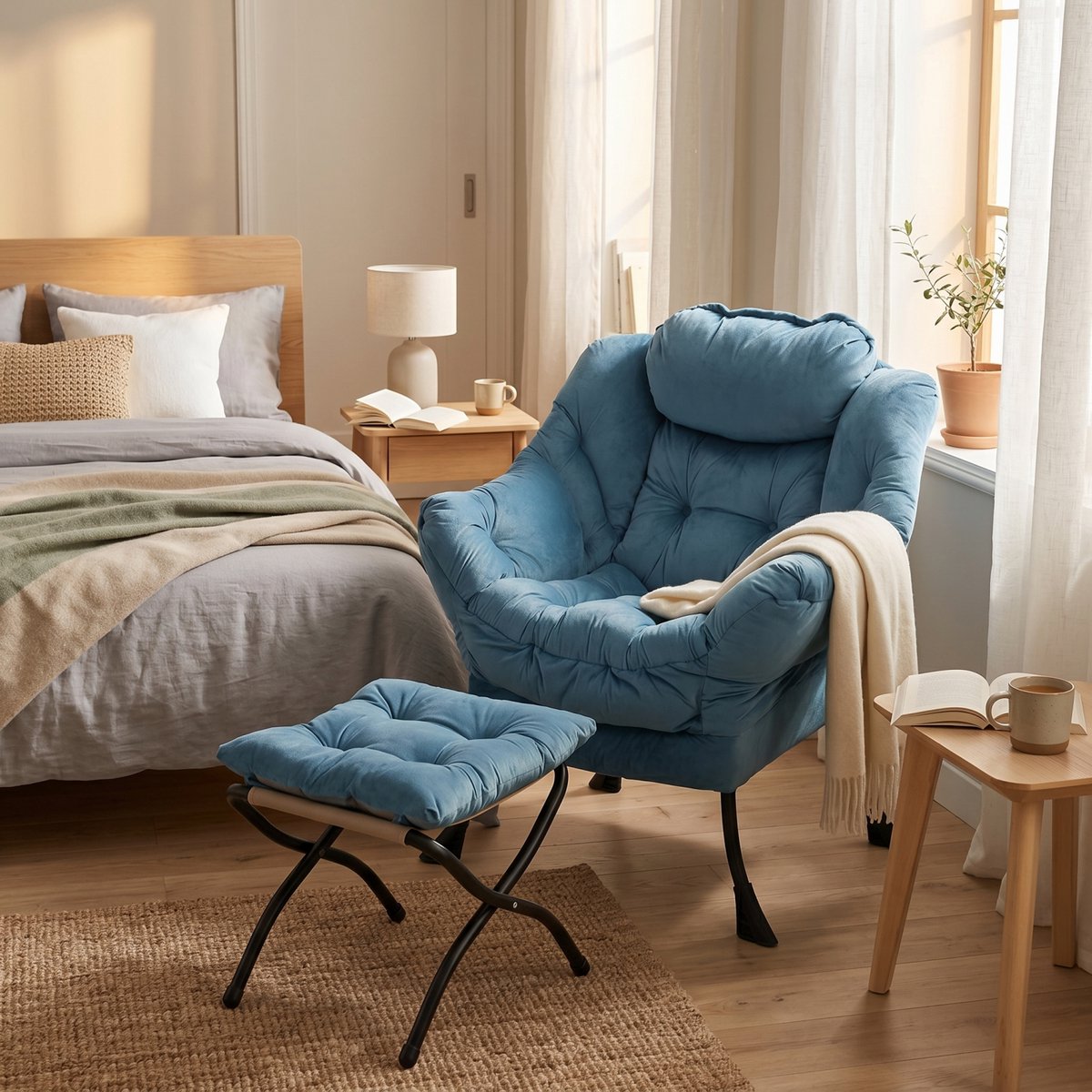DESMIU Fauteuil Met Hocker - Relaxstoel Met Armleuningen, Zijvak En Voetensteun - Voor Woonkamer, Slaapkamer En Kantoor - Stof En Metaal - Blauw Blue