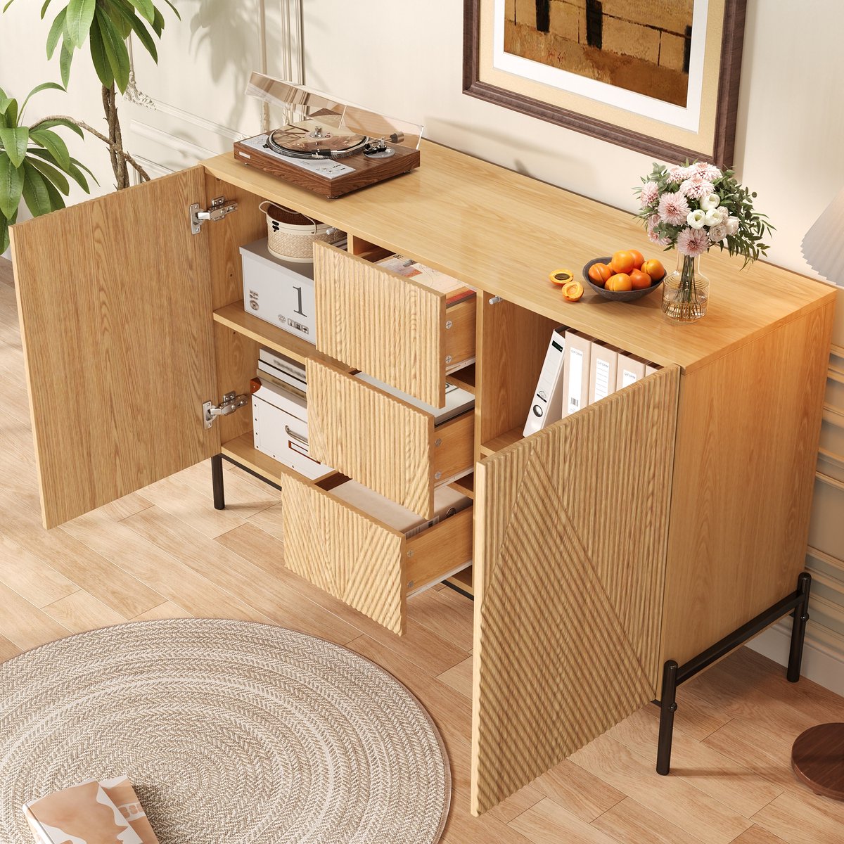 DESMIU Dressoir - Geometrisch Reliëf Met Twee Deuren En Lade - Voor Woonkamer En Eetkamer - MDF - Naturel - 115,5 X 40 X 76 Cm