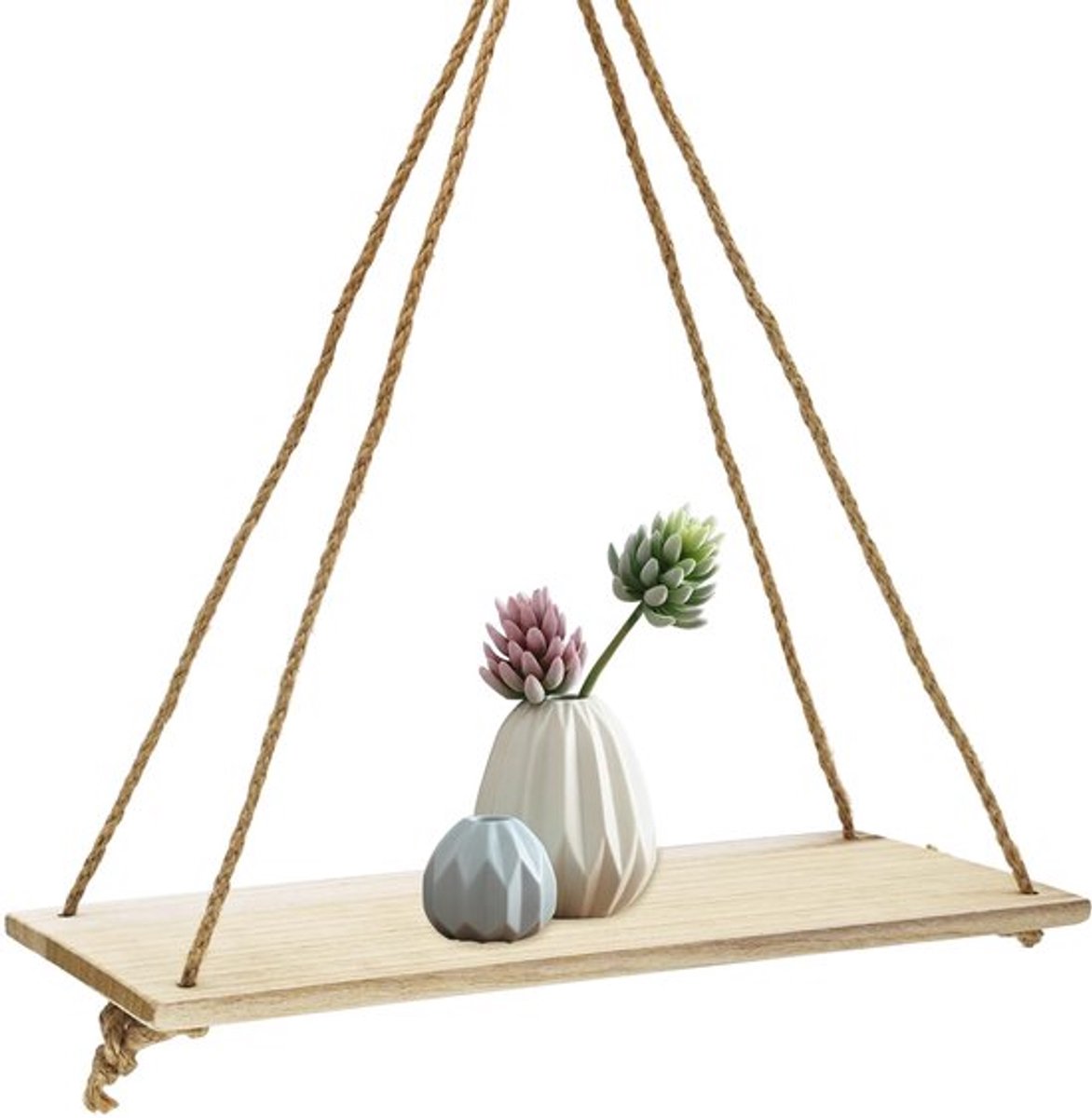 Zwevende Planken - Houten Wandplank 35 x 4 x 1 cm - Multifunctioneel Rek - Henneptouw 120 cm - Rustiek Design - Crèmewit/Bruin