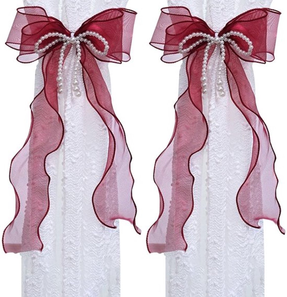 Gordijnbinders 2 Stuks - Verstelbare Lintgordijnhouder - Decoratieve Terughoudsters - Strikvorm met Parels - Elegante Sfeer - 86 cm Lengte - Gordijnhouders