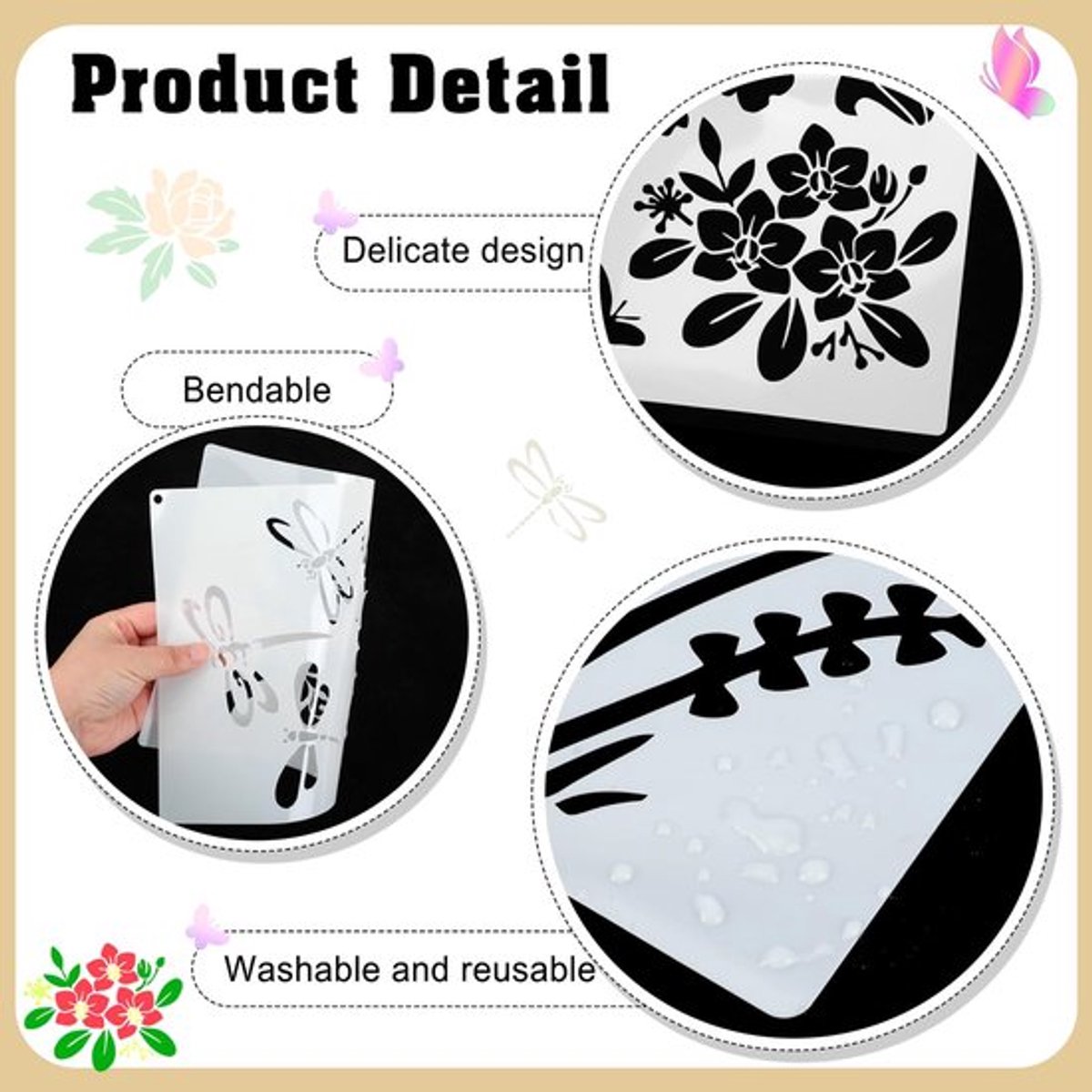 Bloemensjablonen Set van 6 - Grote Stencils - Vlindersjablonen - Houten Hek - Duurzaam PET-Materiaal - Creatieve Decoratie - Schilderstencils