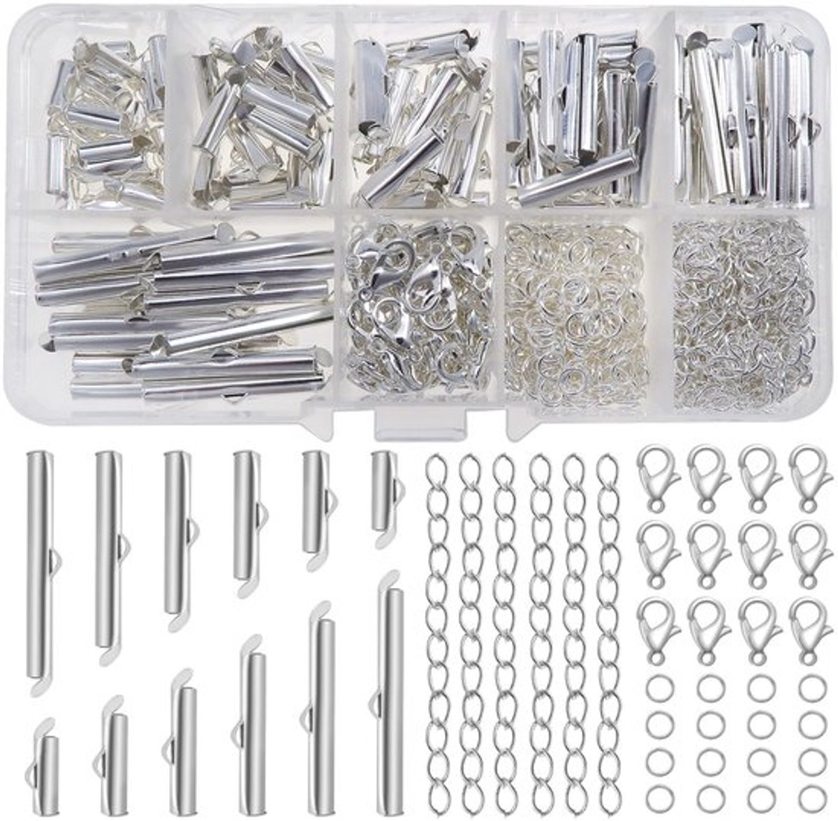 Schuifsluitingen 540 stuks - Metaal - Zilverkleurig - Voor het maken van sieraden - Open springringen - Karabijnsluitingen - Verlengkettingen