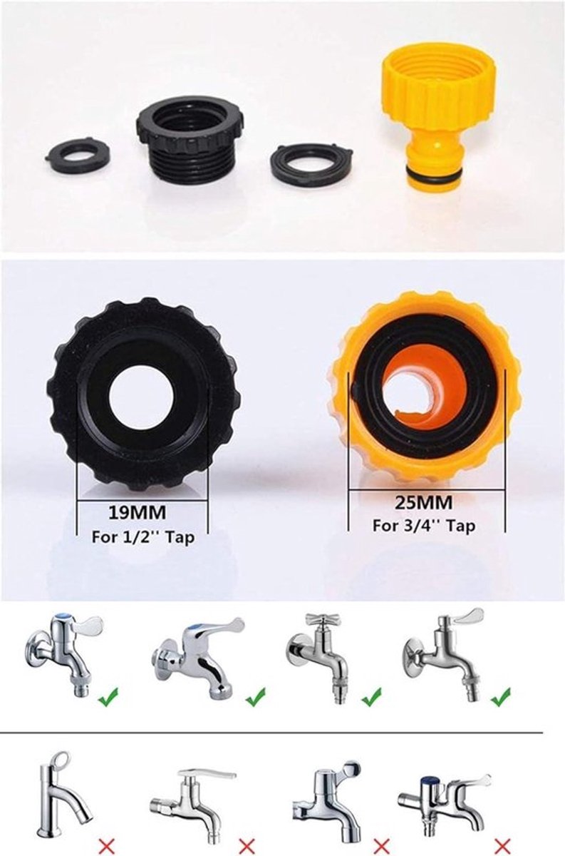 Slangaansluitset voor tuinslanghaspel - Kunststof fittingen, 2-in-1 kraanadapter - 3/4" mannelijke schroefdraad - 1/2" slangeindadapter - 2 meter lengte