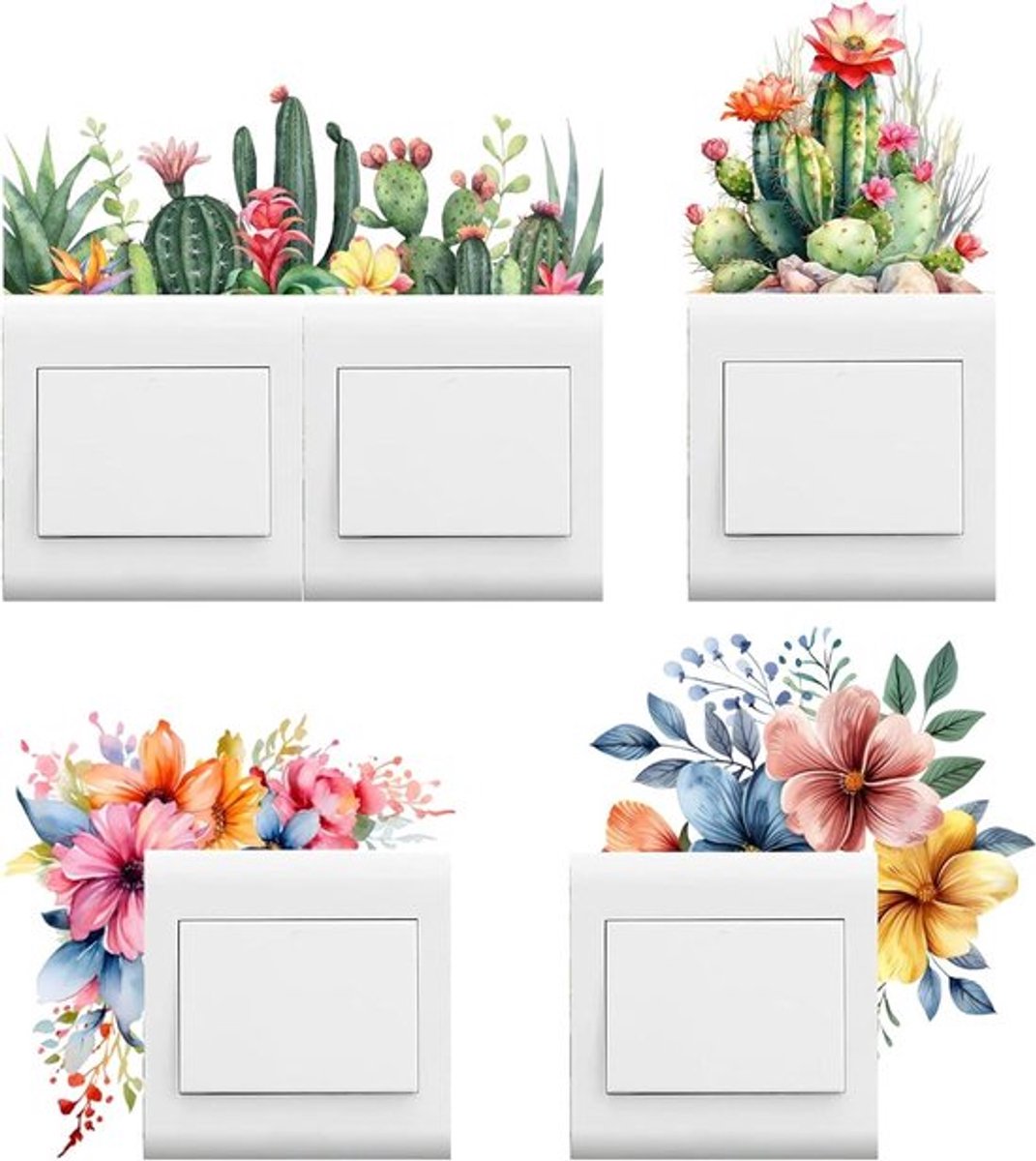 Cactus Bloemen Lichtschakelaar Stickers 4 Stuks - Waterdicht PVC - Muurdecoratie voor Woonkamer Slaapkamer Keuken