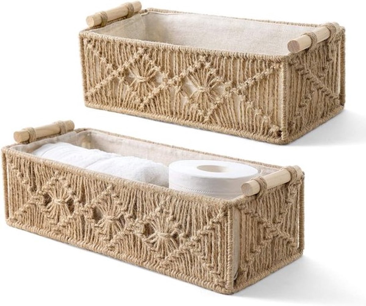 Macrame Opbergmand - Boho Decoratieve Mand - Handgeweven Design - Natuurlijke Jute Constructie - Bruin Kleur - Set Van 2 Stuks - Voor Badkamer Woonkamer Slaapkamer