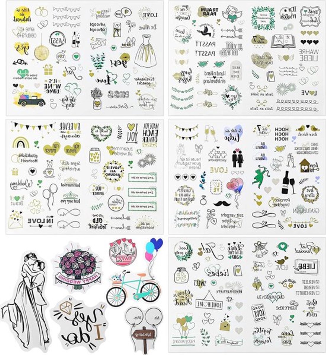Sticker Bruiloft - Groene Stijl met Liefde Thema - 316 Stickers voor Gastenboek, Fotoalbum en Herinneringen met Duits en Engels