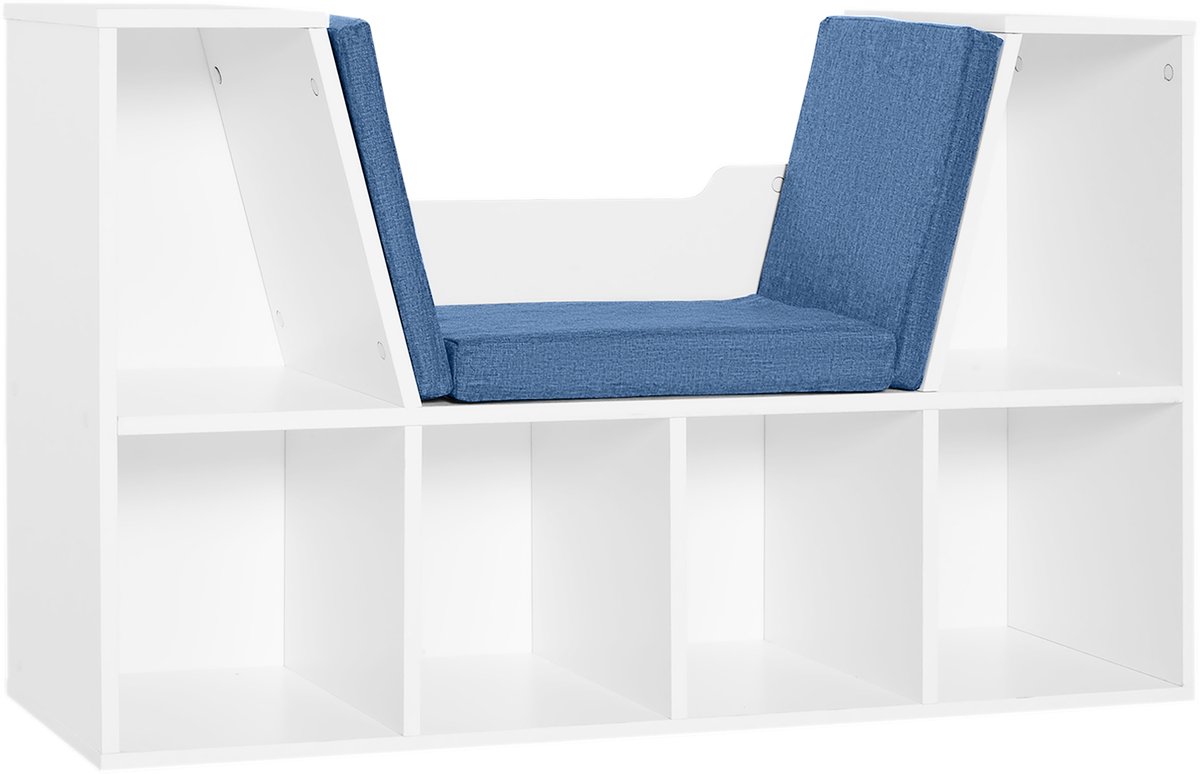 Boekenkast bank 2-in-1 met zitkussen, kubusrek, 6 open vakken en 2 niveaus, opbergkast voor woonkamer, slaapkamer, kantoor, 102 x 30 x 61 cm, Blauw | Kubusrek, 6 open vakken, 2 niveaus, opbergkast, voor woonkamer, slaapkamer, kantoor
