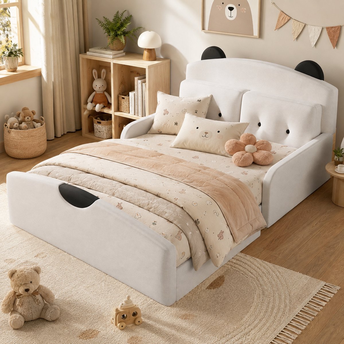 Kinderbed 140x200 cm - Tweepersoonsbed - Gestoffeerd bed - Met hoofdbord - Met twee kussens - Met linnen bedovertrek - Stabiel & duurzaam - Snel Gemonteerd - Wit