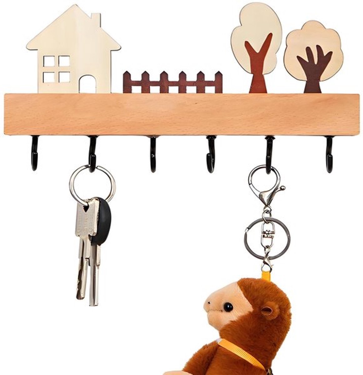 Sleutelrek zonder boren - Houten Sleutelrek - Sleutelhouder met 6 Haken - Sleutelorganizer - Muurbeugel - Afmetingen 22,5 x 12 cm