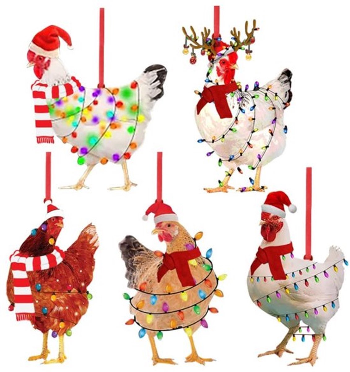 Kersthangers 5 Stuks - Houten Kip met Sjaal - Grappige Kerstversiering - Decoratie voor Kerstboom - Geschatte Maat 8 cm - Perfect voor Winterthema - Kerstdecoratie