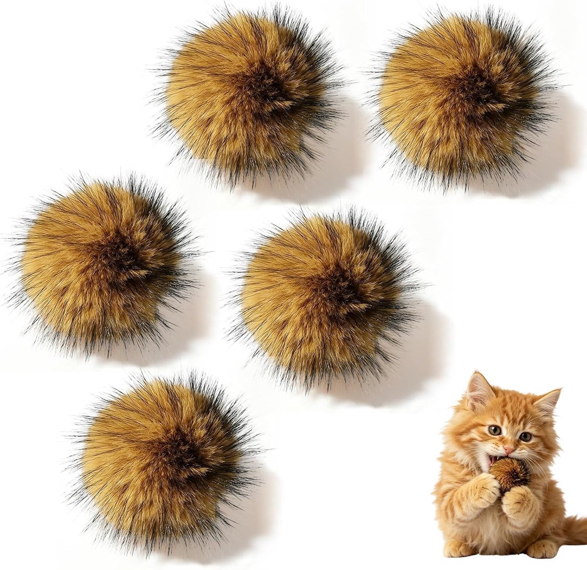 Kattenspeelgoed, 5 stuks zelfbezigheid en tegen verveling, activeert jachtinstinct, voor katten en kittens, kunstbont pluche bal, 8cm karamelbruin