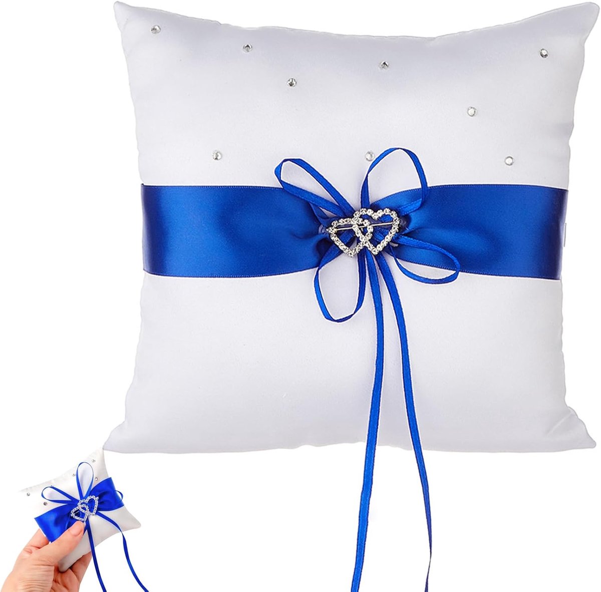1 stuk trouwringkussen dubbel hart, 20 x 20 cm, ringkussen bruiloft van satijn, met lint, vintage ringhouder voor ceremonie, verloving, romantische decoratie, verjaardag, blauw