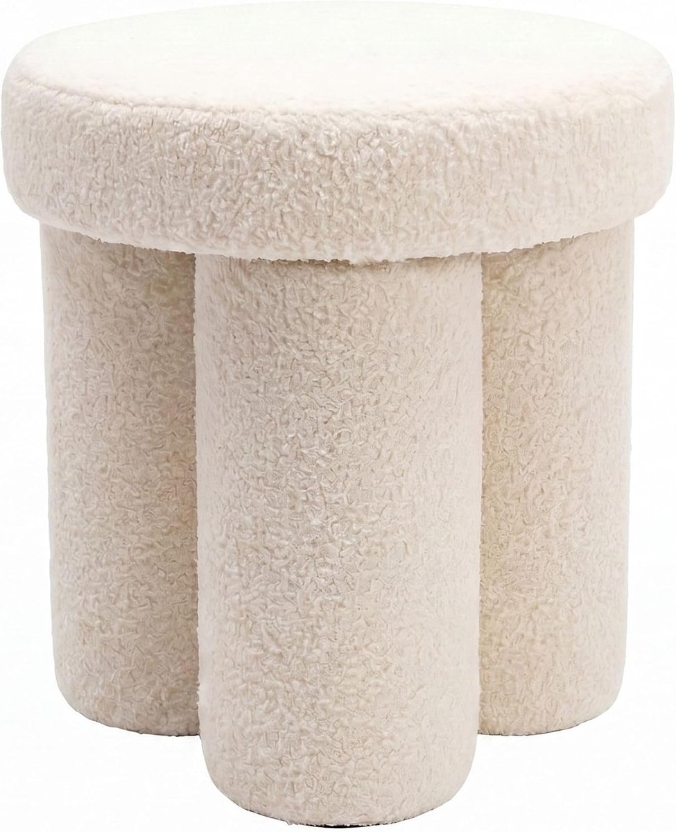 Poef Rond 40x40x45 cm Teddy Stof Crème | poef in plooilook, gestoffeerd kaptafelkruk, bijzetkruk tot 120 kg, handgemaakt