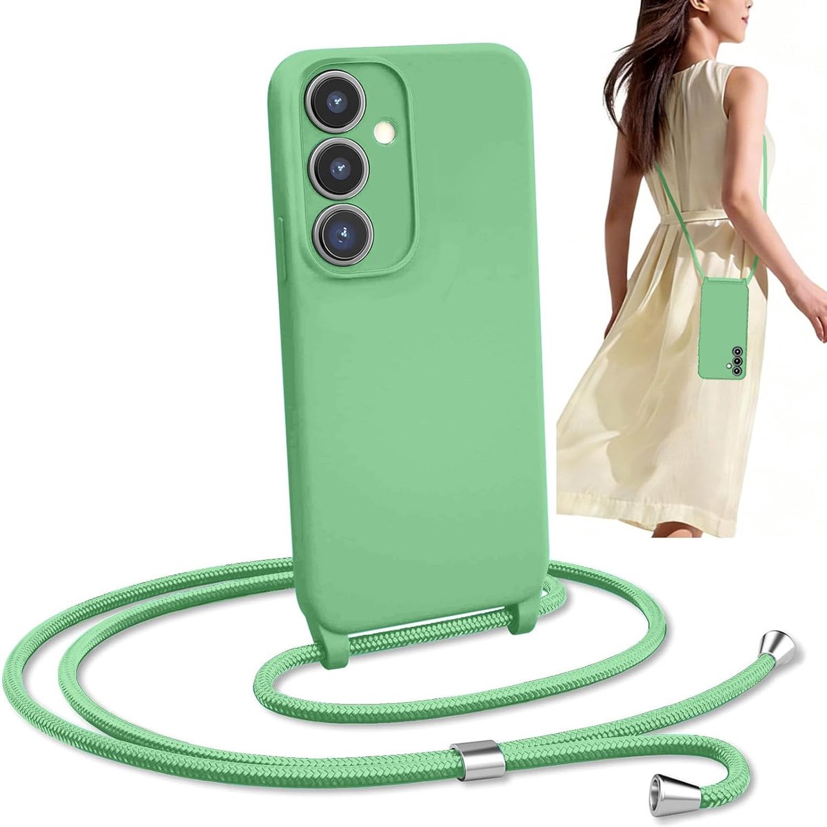 Crossbody Hoesje voor Samsung Galaxy A56 / A36 Telefoonhoes met Koord,Vloeibare Siliconen Afneembaar om te hangen Slanke Zacht TPU Stootvast Schokbestendig Beschermhoes-Munt