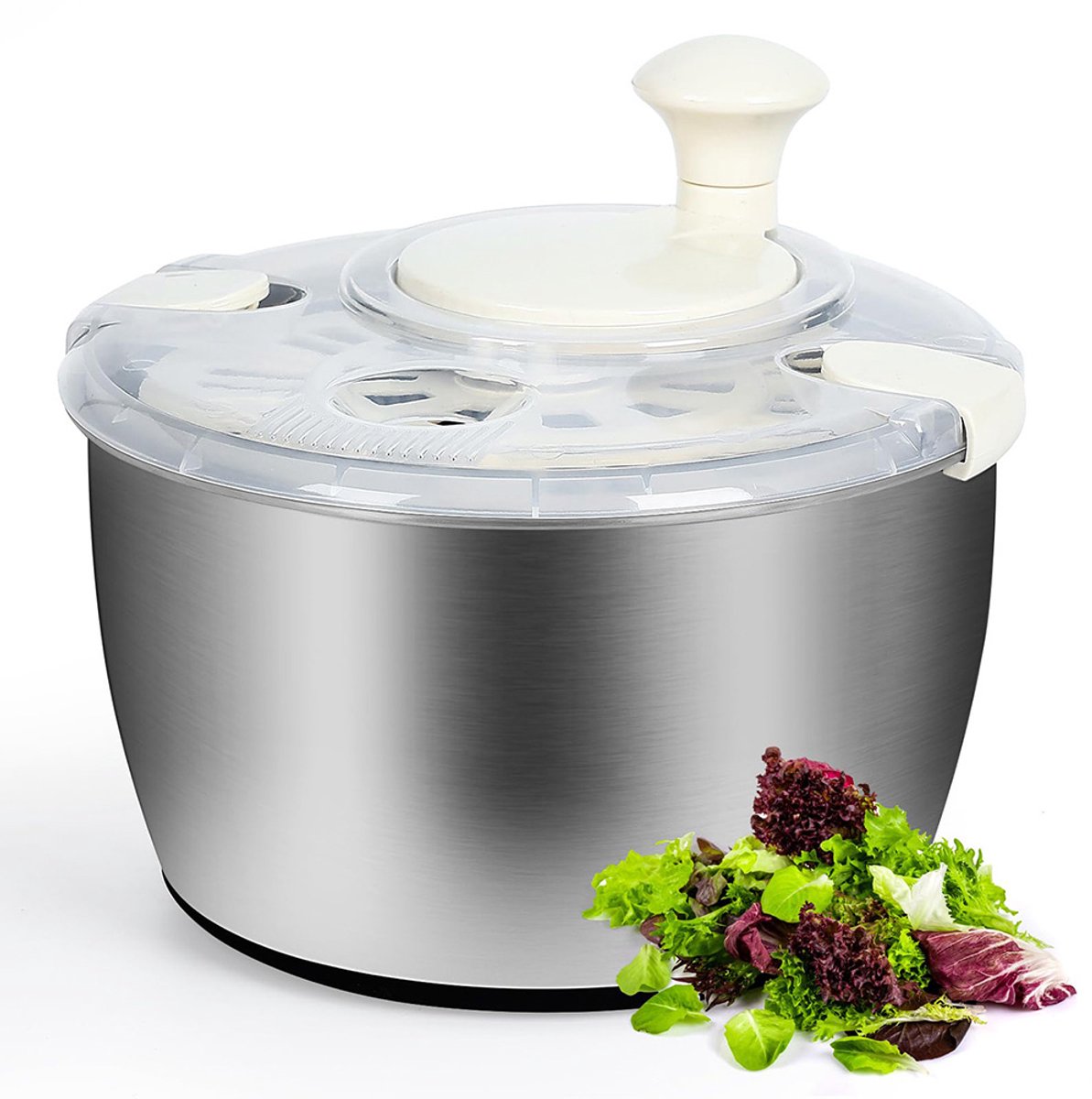 Slacentrifuge - 5 liter - Met deksel - Huishoudelijke centrifuge - Groentedroger - Dubbelwandige afvoerbak - Keukenwasbak - Handmatige centrifuge - Roestvrij staal - Wit