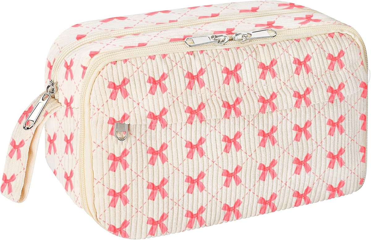 Etui van Zacht Corduroy - Groot Etui met Ritssluiting en Meerdere Vakken - Praktische Schooltas Organizer voor Pennen, Stiften en Accessoires - Roze Strik