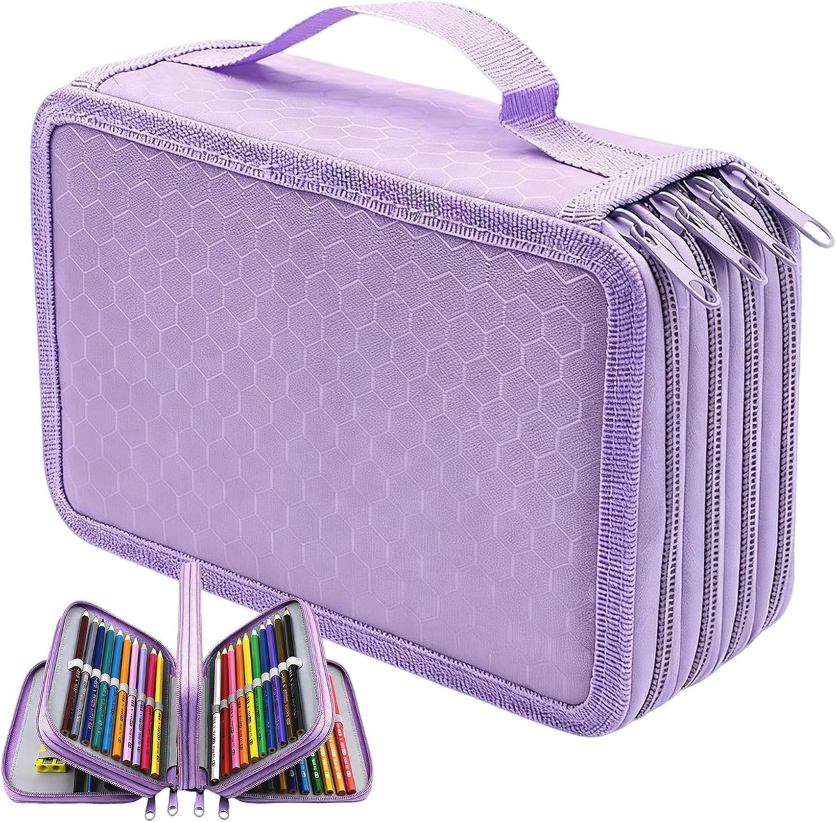 4-laags Etui met 72 Sleuven - Grote Capaciteit Potlood- en Penorganizer - Van Slijtvaste Oxfordstof - 20x12,5x8 cm - Met Rits - Voor School, Kantoor en Kunstenaars - Paars