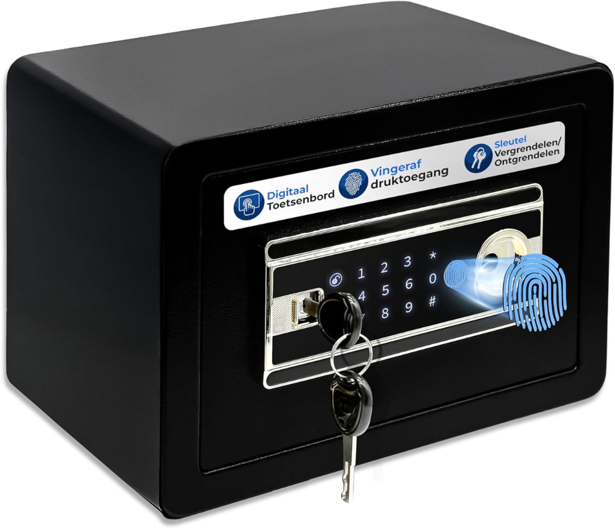 SNJY® Kluis Brandwerend - Kluisje met Sleutel - Documentenkluis met Cijferslot - Kluis met Vingerscan - 25D x 35B x 25H cm - Zwart