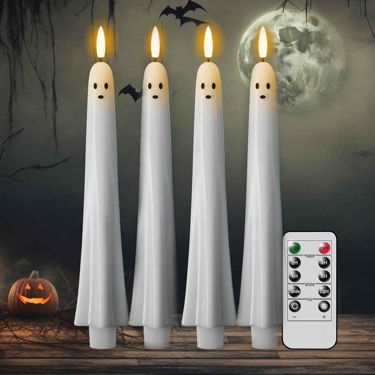 Ulisem - Spookkaars - Lange ledkaars met afstandsbediening en timer - Flikkerend effect met 3D spookontwerp - Batterijgevoede vlambeweging - Zonder rook en geur - Geschikt voor halloween en kerst - Veilig voor kinderen - 4 stuks