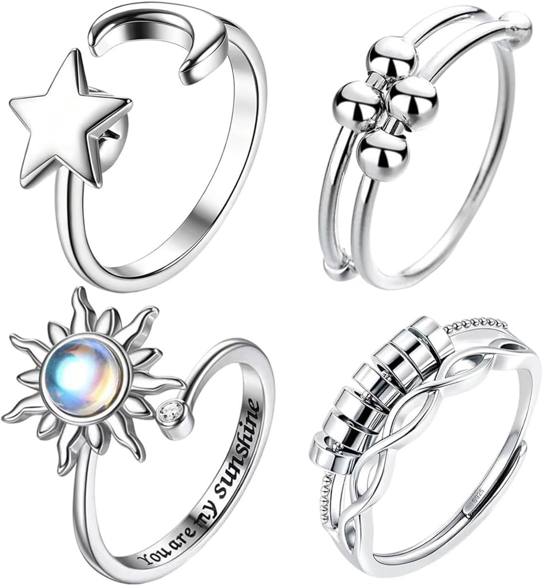Ringen voor dames, zonnebloem, ring, angststeen, maansteen, anti-stress-ring, draaibare open ringen, verstelbaar, voor vrouwen met angst
