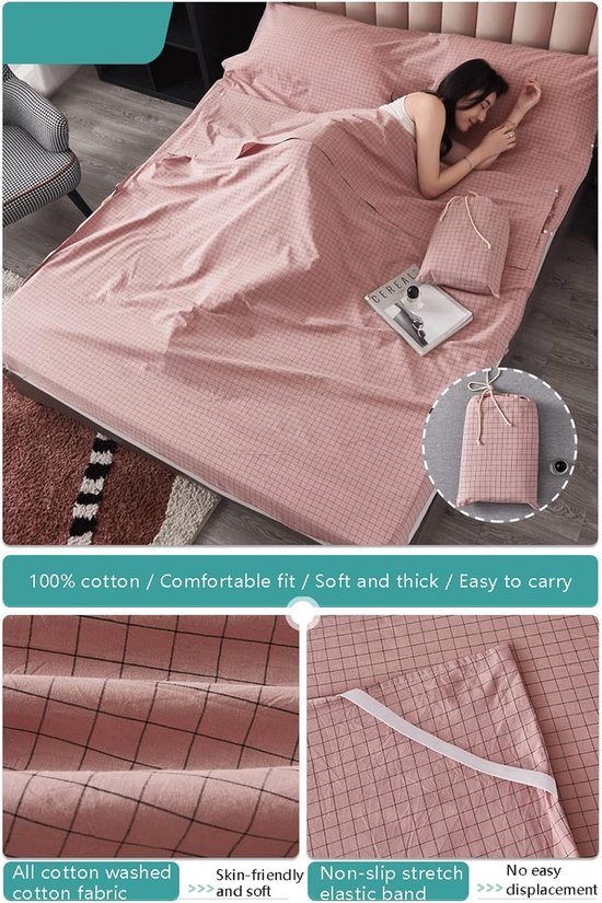Slaapzak Liner - Reislaken Katoen - Comfortabel Slapen - Ademend Zacht Materiaal - 80x210cm - Roze — afbeelding 3