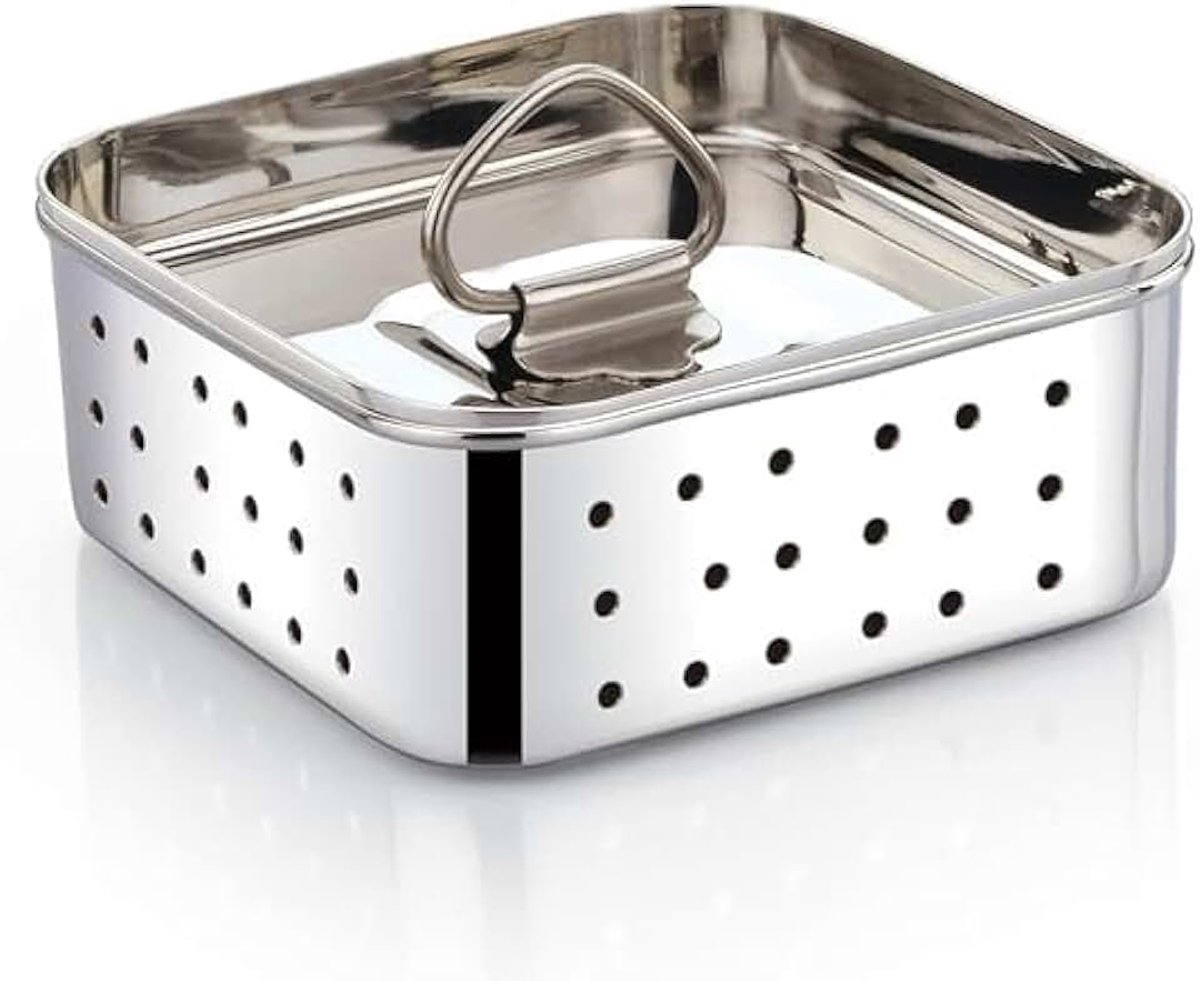 Paneer Maker Mal van roestvrij staal, medium formaat, paneerpers met deksel, tofu-persvormmaker, wei-scheider (vierkant, 450 ml capaciteit)