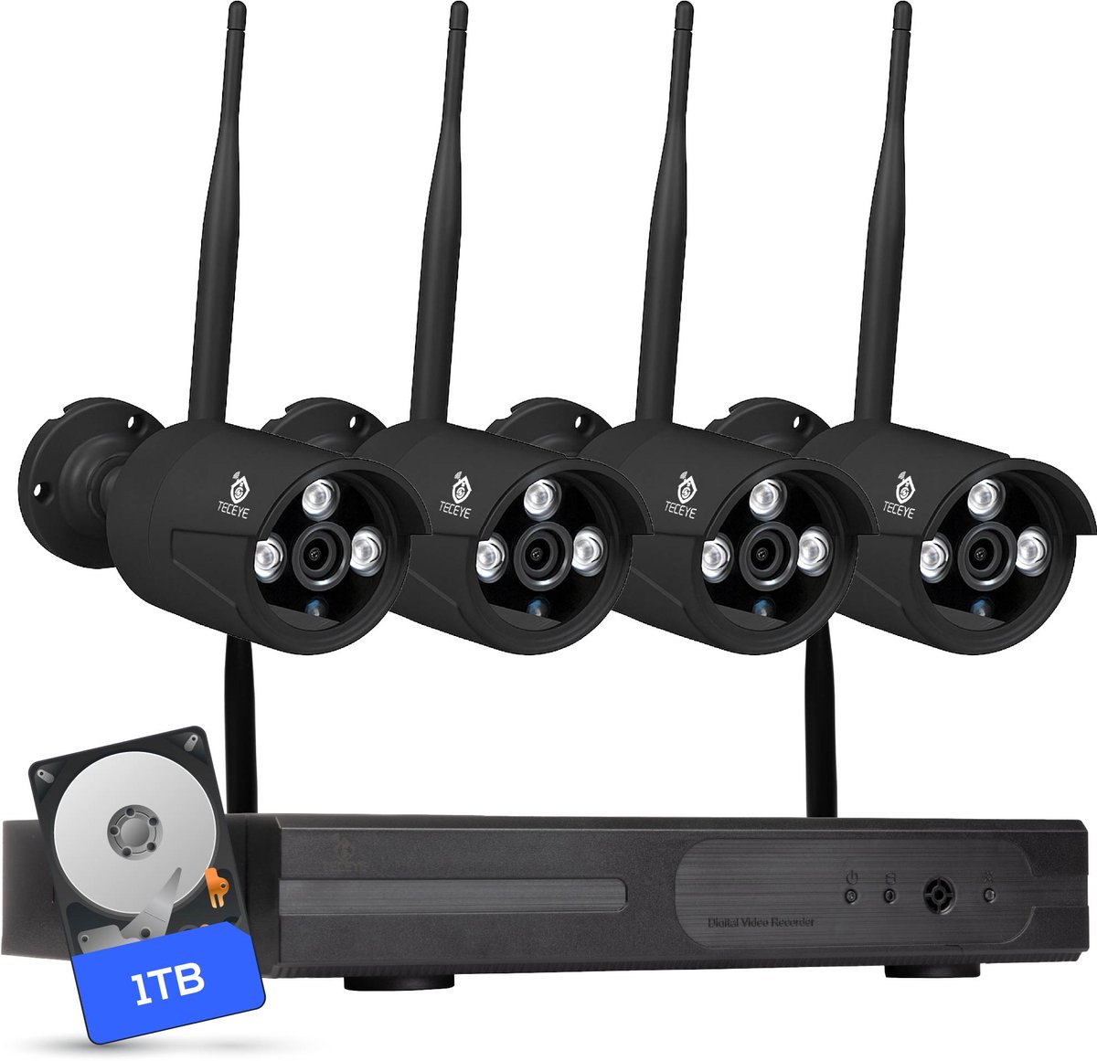 Teceye - Bullet Beveiligingscamera Buiten met Recorder - Draadloze Buitencamera - 4 Camera - 1TB Opslag