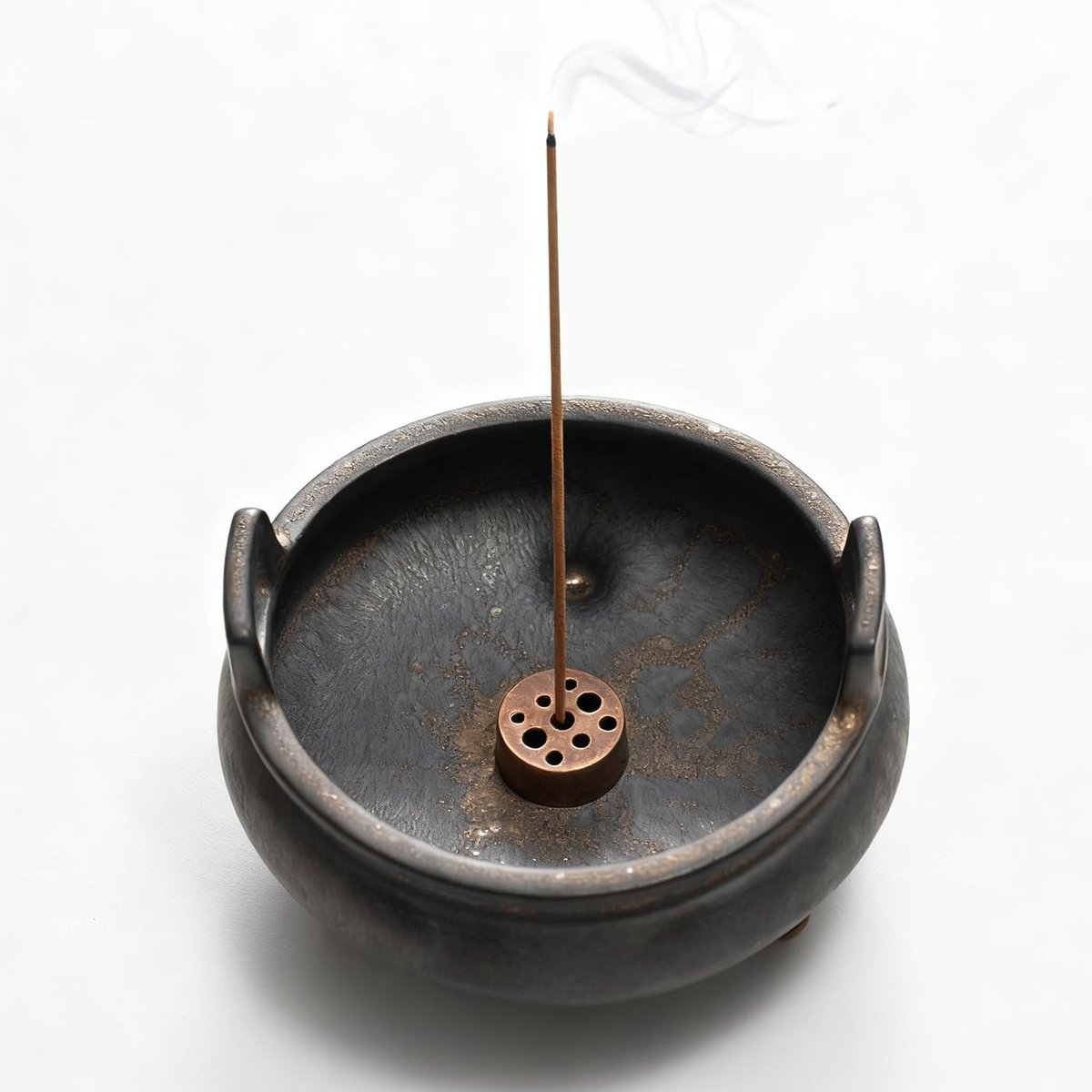 Nest Keramische wierookhouder - Geglazuurde wierookbrander voor stokjes en kegels (ijzer roestglazuur, 9,5 × 9,5 × 5,5 cm)