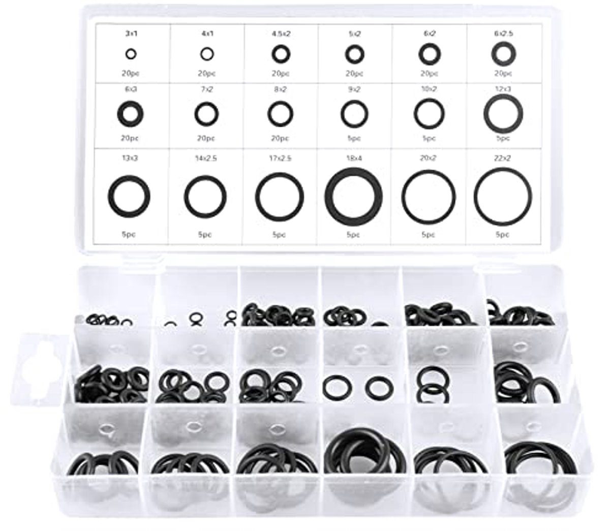 Afdichtringen, O-ring assortiment rubber in 18 verschillende maten, diameter 3-22 mm, zwart