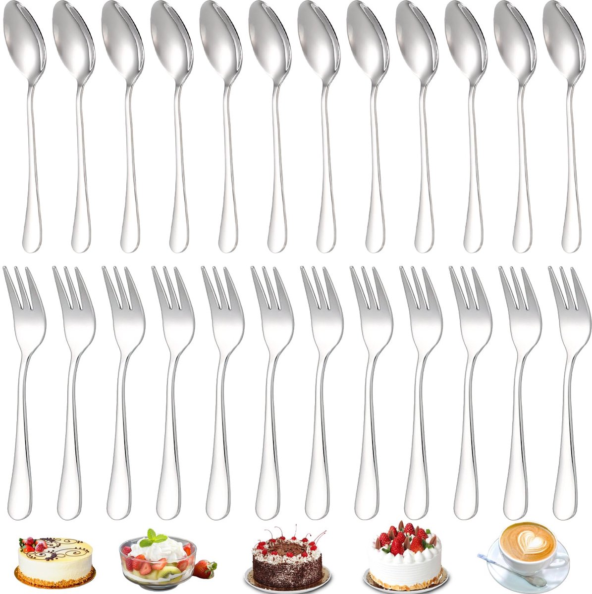Taartvorken en koffielepelset, 24 theelepels en taartvorken, roestvrij staal, dessertlepel, kleine lepel, kleine vorken, soeplepels voor bruiloft, verjaardag, feest, café, restaurant