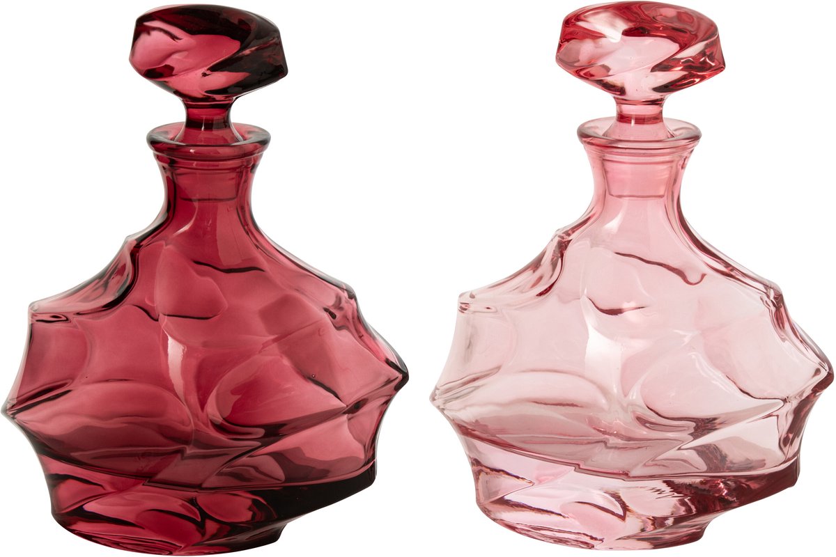 J-Line Karaf met gouden rand en reliëf - glas - bordeaux/lichtroze - assortiment van 2