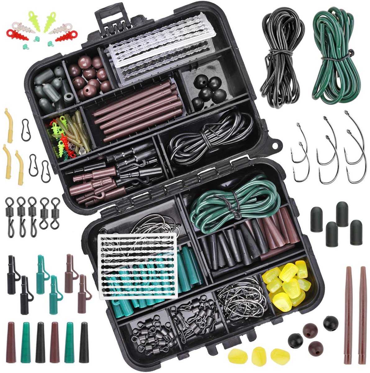 282 Stuks Karpervisgerei in doos, pakket met visaccessoires inclusief vishaak, haken met veiligheidsclips, corn kernel, slangetjes, rolling swivels, visaasschroef, fishisng beads, boilie stops met vis