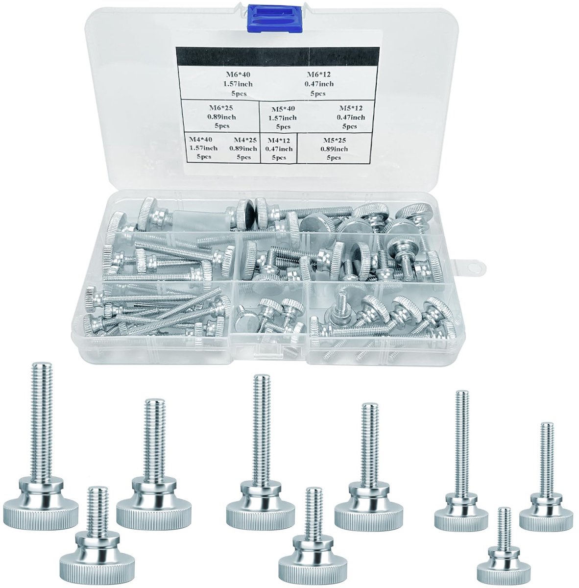 45 stuks platte kartelschroeven, M4 x 12/25/40 | M5 x 12/25/40 | M6 x 12/25/40 hoge kartelschroeven, platte gekartelde kopschroeven, duimschroeven, zinklegering klemschroef voor huishoudelijke