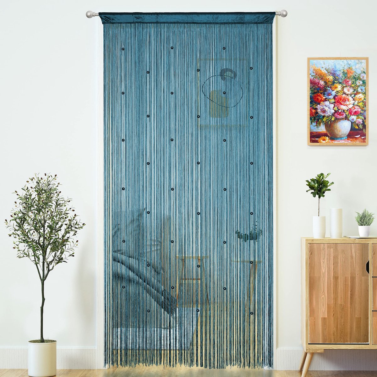Deur String Gordijnen voor deuropening Kwastjes Kralen Opknoping Franje Hippie Room Divider Venster Hal Entree Wandkast Slaapkamer Privacy Decor (100 × 200 cm, Blauwgroen Blauw)