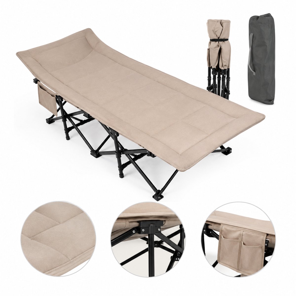 Jurrys Bed - Stretcher - Veldbed - Matras - Draagbaar - Opvouwbaar - Inc Draagtas - Comfortabel - Stabiel - 190x68,5x38 cm - Beige