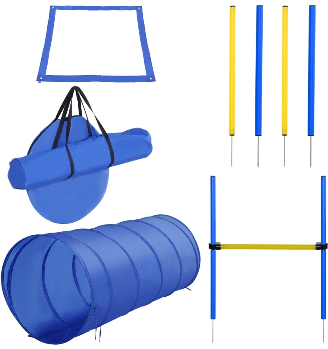 Honden behendigheid trainingsset 60×60×148 cm blauw kunststof verstelbare hoogte met springstok tunnel en slalomtraining accessoires outdoor hindernisbaan voor hondensport