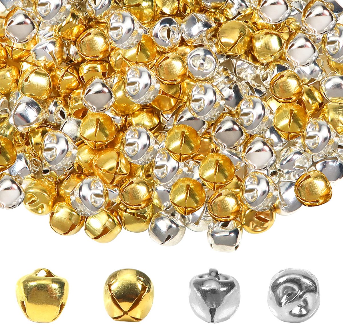 200 stuks Kleine Kerst Jingle Bells 10 mm Zilver en Goud Metaal Kleurrijke Belletjes Knutselen voor Het Maken van Sieraden Decoratie voor Kerstfeest Binnen