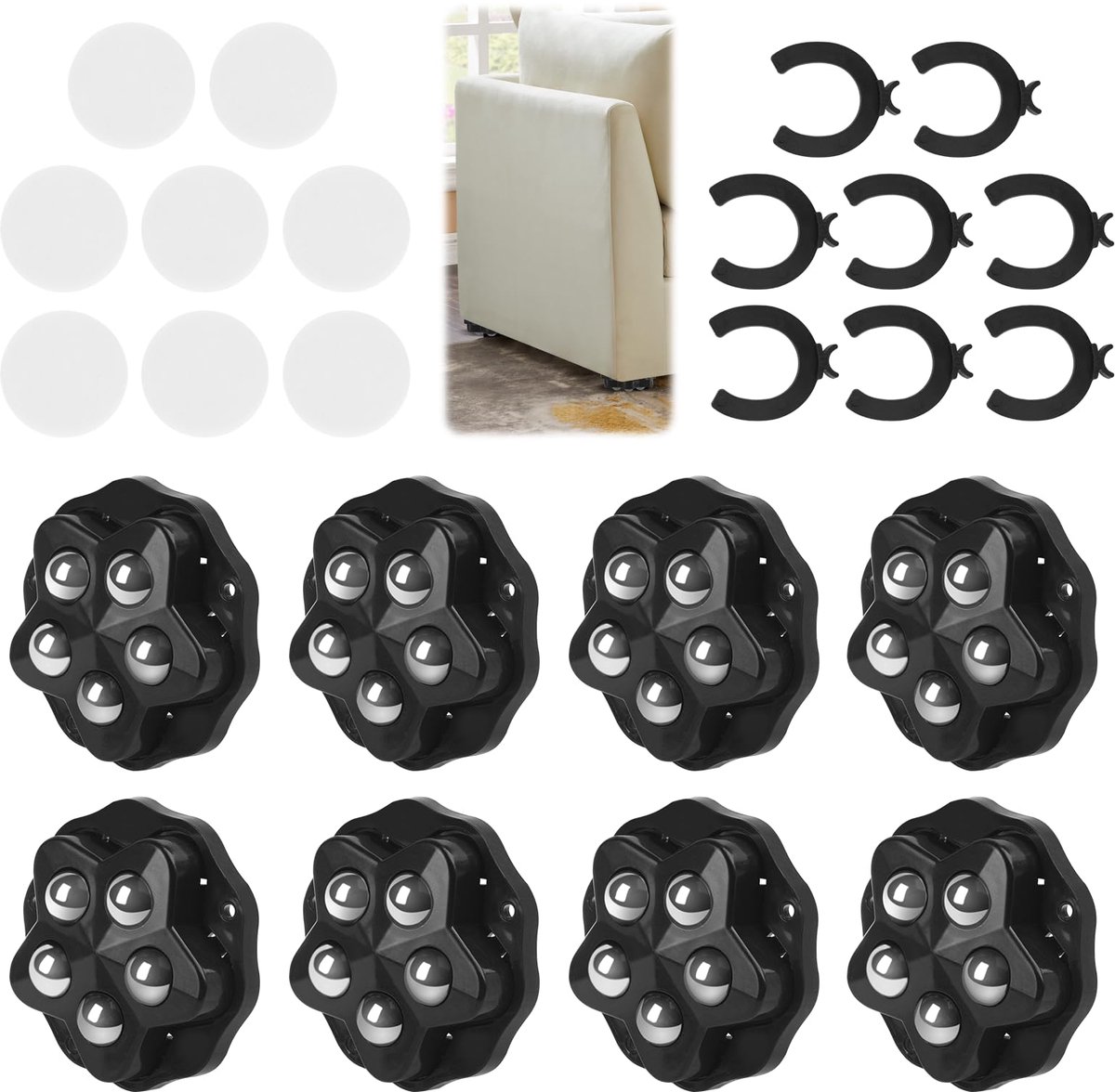 8 stuks kogelwielen, zelfklevende meubelwielen, platte kogelwielen, mini-wielen voor meubels, met 5 stalen kogels en rem, 360 graden wielen voor meubels, keukengerei, elektrische apparaten, boxen