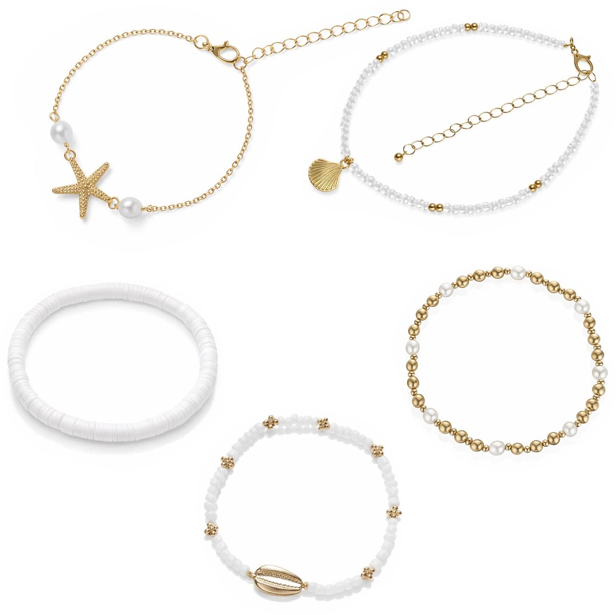 5-delige schelp enkelkettinkje set in boho-stijl meerlaags verstelbaar enkelbandje kralen verstelbare kralen meerlaagse armbanden schelpmotieven Hawaiiaanse strand zeester zomer voetschm