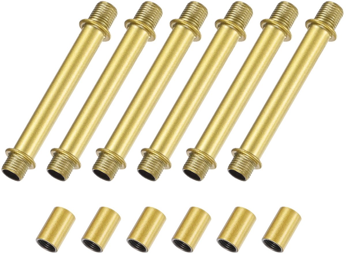 METERXITY Set van 6 rechte buizen voor lampen met 80 mm (3,15 inch) met dubbele schroefdraad M10 en koppelmoeren voor tafellampen / kroonluchters, reserveonderdelen voor lampen [goudkleurig]